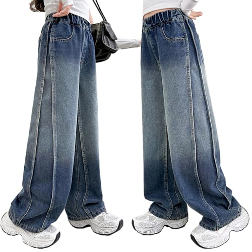 Spliced Jeans for Tween Girls, Elastic Waist Gradient Wash Denim Baggy Pants, 4 Pockets Wide Leg Vintage Trousers
