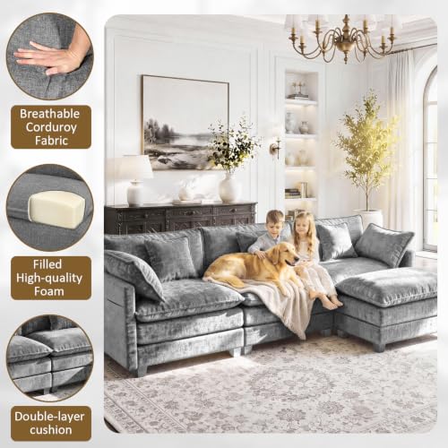 Image of 112 inch L-Shape Modular Sofa with 1 Ottomans, Deep Seat Cloud Convertible Sleeper, 3 Throw 2 Arm Pillows, Cozy Upholstered Furniture for Living Room Apartment, Dark Grey