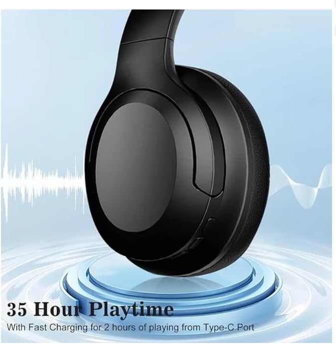 Mitone ANC 5.1 headphones on a charging base, indicating 35 hours playtime and fast charging.
