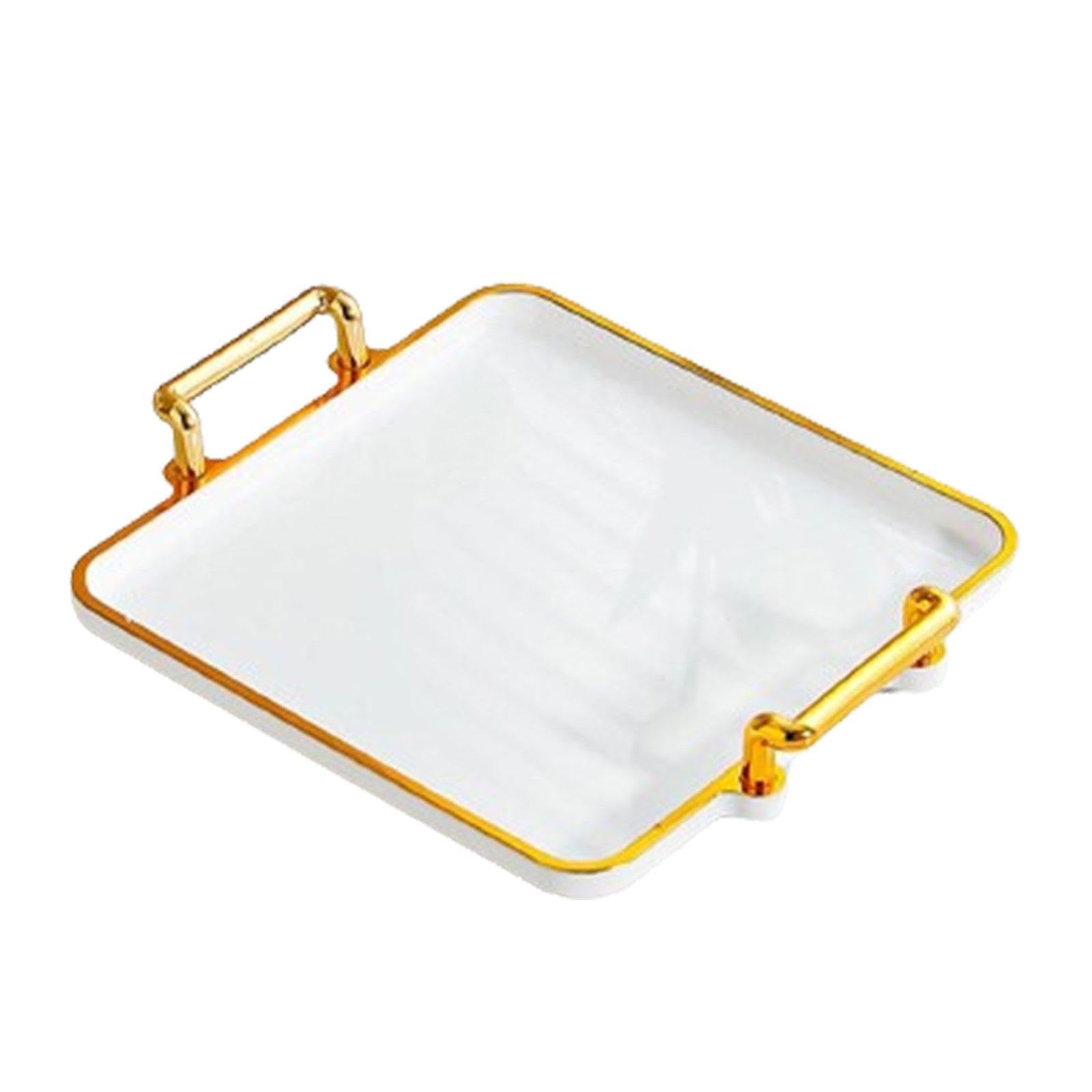 AMSLSIU Multipurpose Serving Tray With Gold Handles Balances Function And Style Snacks Fruits At Gatherings Serving Tray With Handles Is Made Of PP Gold, White, 22x18.5x3.5cm