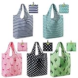 Foldable Reusable Grocery Bags set Cute Designs Folding Shopping Tote Bag with Pocket Pink Green Black Blue Teal Gift Bags Reusable Bag with Pouch Reusable Fabric Bags