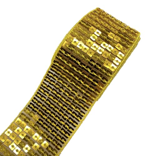 Queenbox 5yard 1.5in Glitter Sequin Ribbon Trim, Flat Square Paillette Braid Fabric Strips for Craft DIY Fringe Sewing, Bright Gold