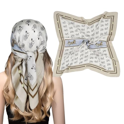 EXTREE Fashion Silky Satin Headscarf for Women Girls: Exquisite Pattern Lightweight Silk Graceful Scarfs 27.5 x 27.5 inches Blue and White Carriage