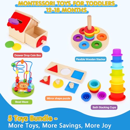 Image of KMTJT Montessori Educational Toys for 1+ Year Old Toddler, 1st First Birthday Gifts for 1-2 Years, Includes Stacking Cups, 2 in 1 Object Permanence Box, Bead Maze, Mirror Puzzle and More