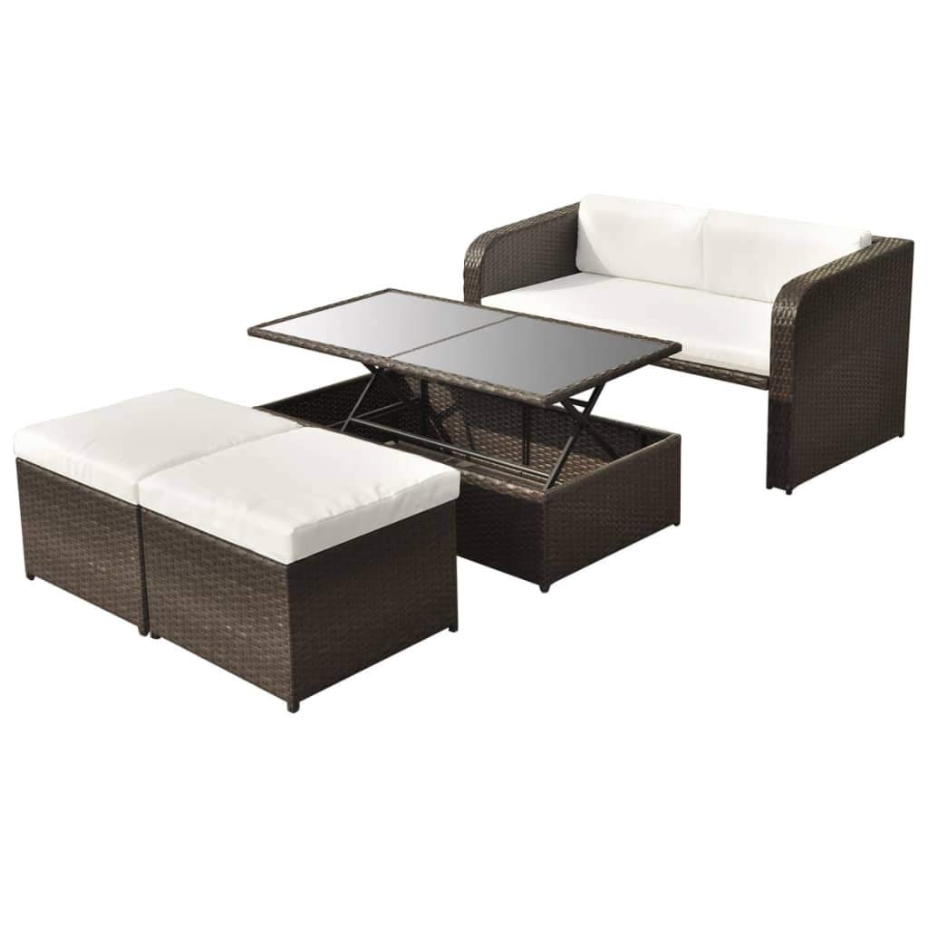 Set de muebles de jardín de 4 piezas en ratán sintético marrón con cojines cómodos