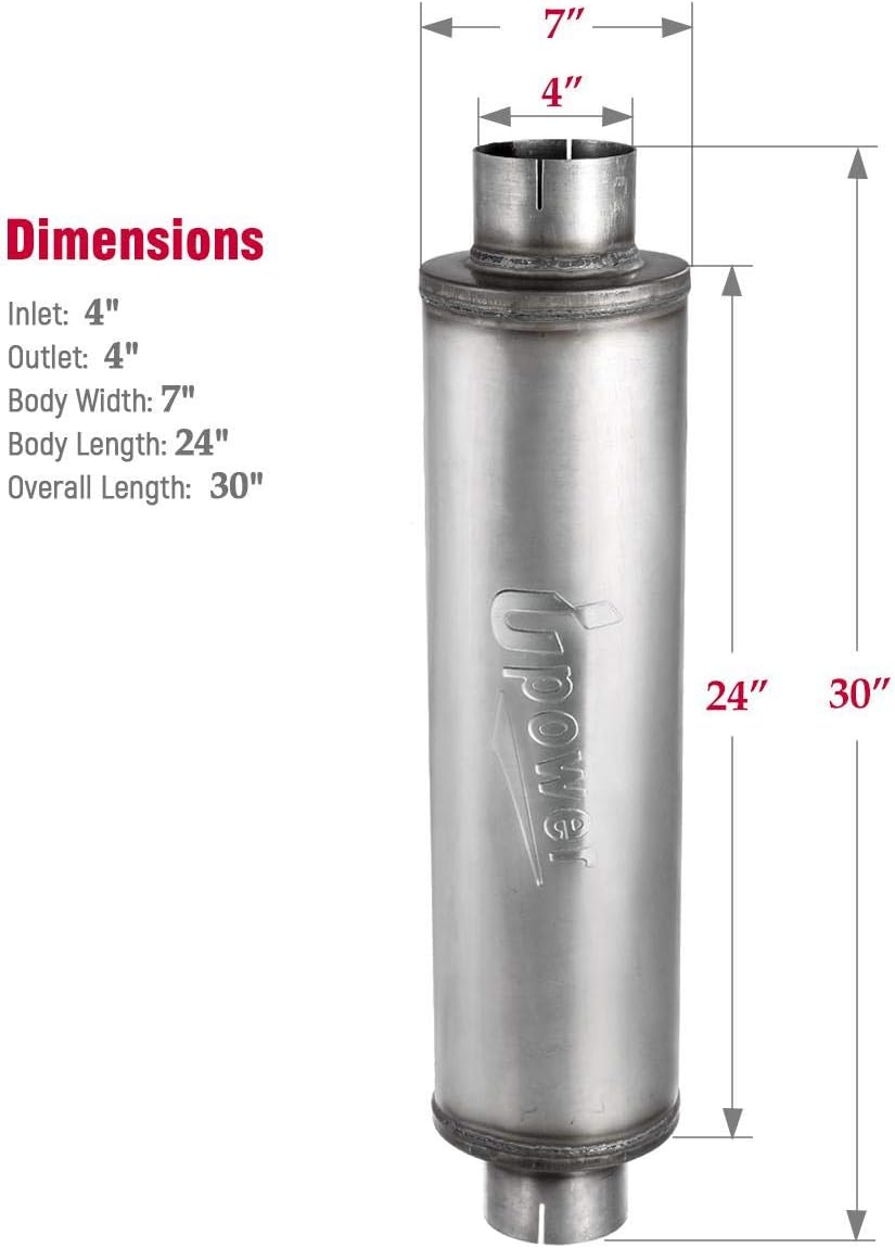 Upower 4" Inlet Diesel Exhaust Muffler 7" x 24" Body 30" Whole Length XS2772 - Straight Through Stainless Steel Welded On Resonator Muffler