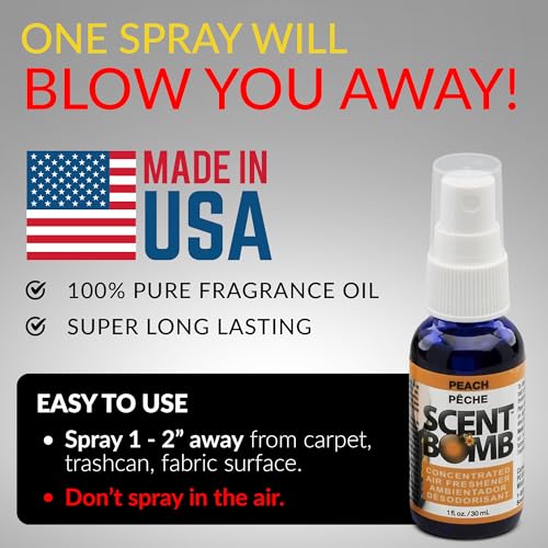 Image of Scent Bomb Air Freshener Spray, Long-Lasting Odor Eliminator - Effective Deodorizer for Home & Car, Fresh Room Spray for Kitchen, Bathroom & Smell Neutralizer - 1 oz Pack of 4, Peach Scent