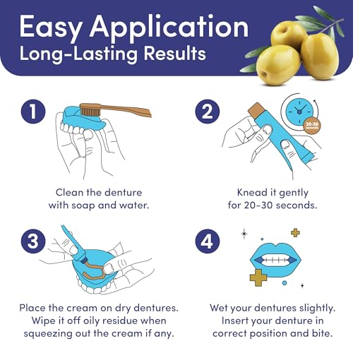 Denttach Gold Denture Adhesive, Petroleum Free Olive Oil Based Premium Denture Adhesive Cream for Full and Partial Dentures, All Day Secure Hold Denture Glue, Zinc Free, 2.4 Ounce