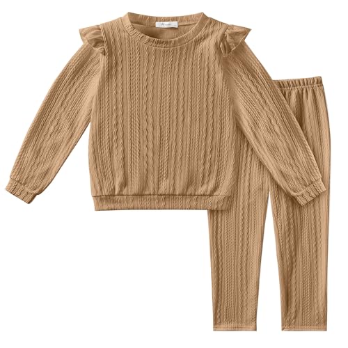Image of Arshiner Toddler Girl 2Pcs Ribbed Knit Clothes Ruffle Trim Long-sleeve Pullover Sweatshirt and Leggings Fall Outfits 1-6T