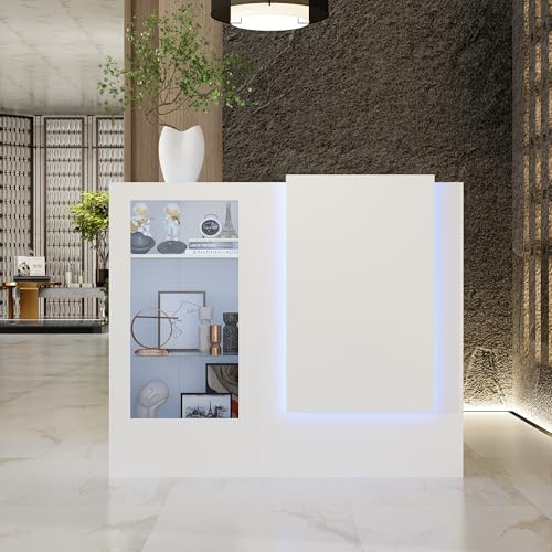 WOODTIME Reception Desk with Counter, Colored LED Light, Glass Front & Open Shelves, Retail Counter with Adjustable Glass Shelves, Checkout Front Desk for Office Clinic Lobby Salon, White