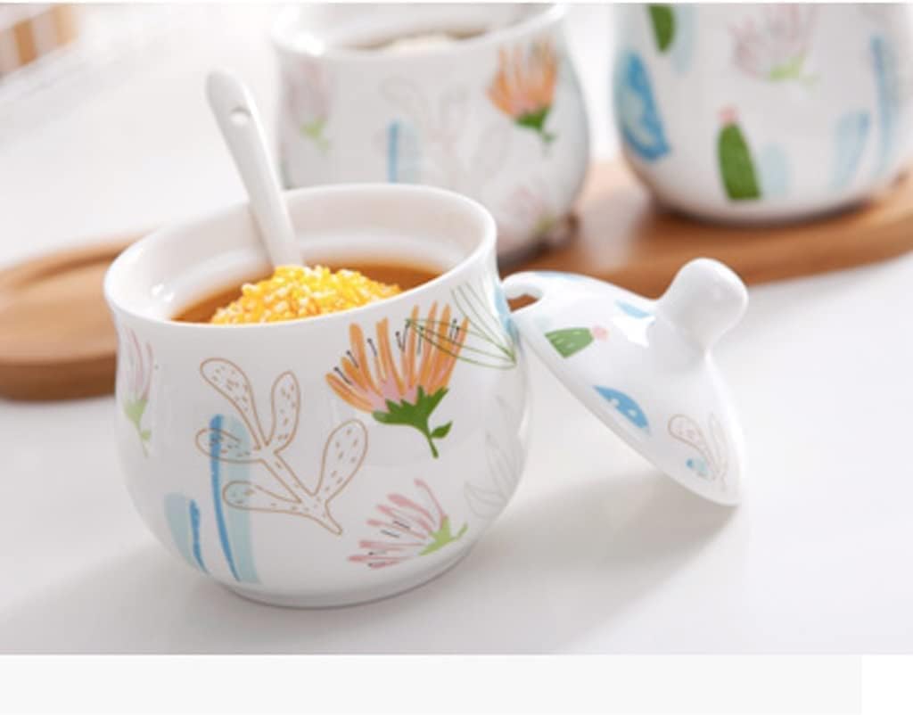 CMBSSTFC Barattoli per condimenti, contenitore per sale da cucina, pentole Set di bottiglie per condimenti in ceramica con coperchio a cucchiaio e vassoio in legno Set di scatole per condimenti Set di
