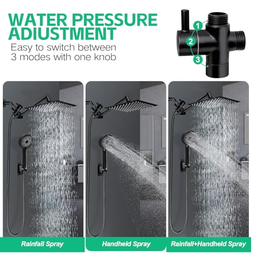 Shower Head,10”Rain Shower Head with Handheld Spray Combo and Adjustable Extension Arm/3-Way Flow Regulator/Shower System,High Pressure Rain Fall Hose,Matt Black