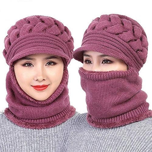 pinkit Girl's Winter Warm Knit Hat Wool Snow Ski Visor Neckwarmer Cap (Purple,Free Size)-picture-12