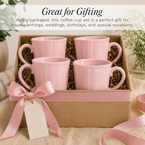 Image of SANGO Bethany Pink Mugs Set of 4, 15 oz Stoneware Pink Coffee Mugs, Vibrant Ceramic Drinkware for Coffee, Tea or Cocoa, Durable Everyday Cups, Dishwasher & Microwave Safe, Kitchen Mug Set