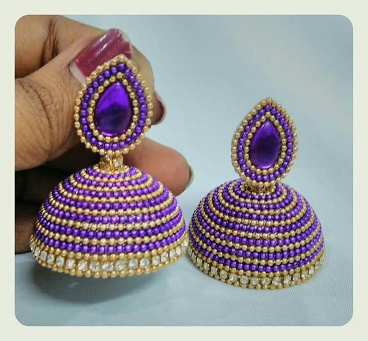 Image of Silk Thread Jhumka Earrings, Purple and Gold Pearl Design, Traditional Drop Style with White Stone Chain