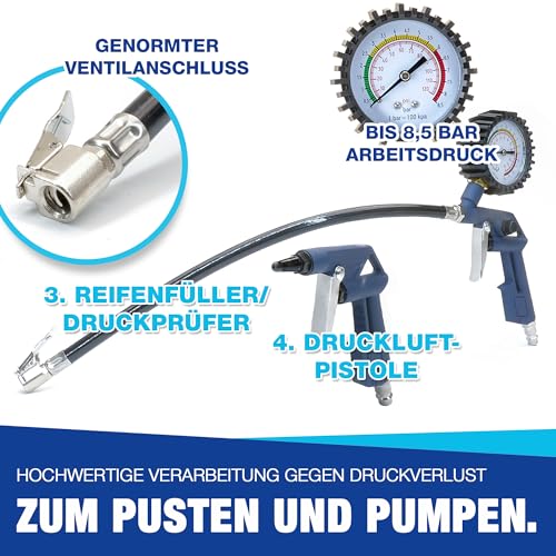 NTG Perslucht gereedschap accessoires set 5-delig compressor | spiraalslang | bandenspanningspistool met manometer | blaaspistool | verfspuitpistool met stroombeker | reinigingspistool met stalen - Afbeelding 4