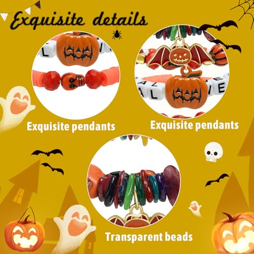 Artlunar 4pcs Halloween Bracelets Skull Pumpkin Bat Charm Bracelet Stackable Boo Witch Hat Stretch Bracelet for Women2