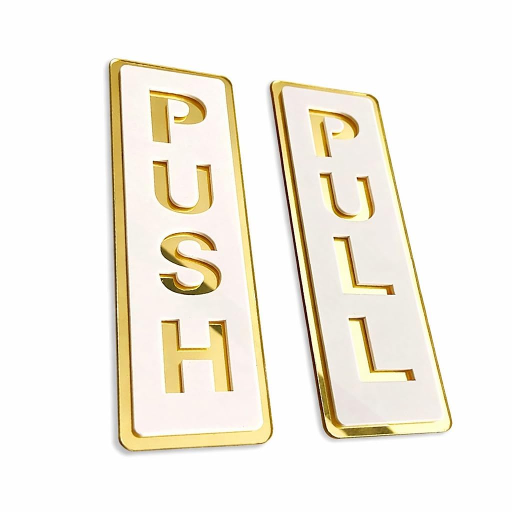 Woxour Enterprise Pull Push Sticker for Glass ,Premium Acrylic Guidance Sign with Strong Adhesive Backing, Waterproof Push Pull Sticker, Professional Look for Office, Shop, Hotel, Cafe & Home (GOLD_WHITE_MINI)