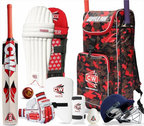 Image of CW County Cricket Kit | Camouflage Backpack | Kashmir Willow Bat | Leather Ball | Helmet | Gloves | Pads | Thigh Pad | Arm Protector | Abdominal Guard | Equipment Set | Size 3 Left