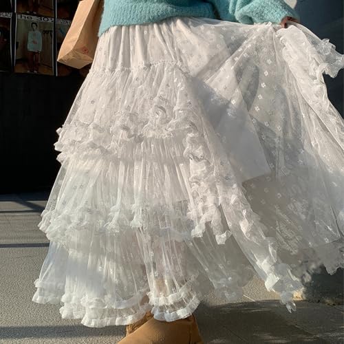 Women’s Tulle Long Skirts Elastic High Waist Ruffle Hem Tutu Skirts Fluffy A-line Midi Skirts2