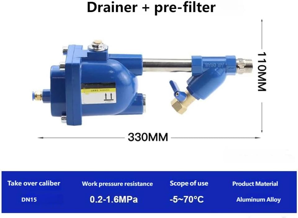 Zero Air Loss Automatic Drain Valve,Automatic Zero Air Loss Condensate Drain (1/2"),1.6Mpa Automatic Drainer with Pre-Filter,Valve for Compressor Air Tank, No Electricity Required (Blue)