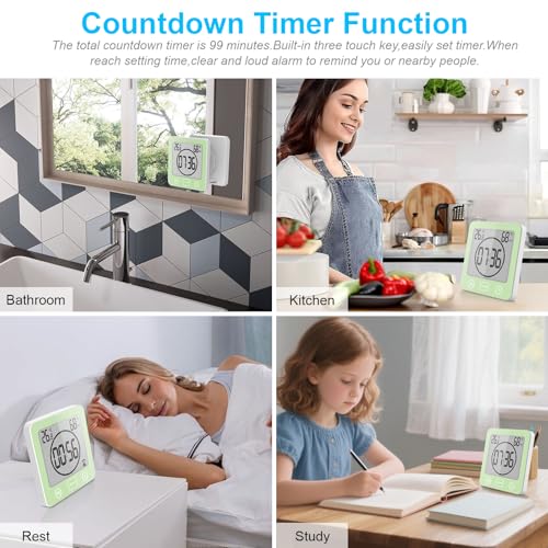 YiChZhe Badezimmer Wecker Badewannentimer‌,Wasserfest Digitale Badezimmeruhr, Baduhr Duschtimer mit Hygrometer und Thermometer,LCD-Display,Countdown Timer,für Dusche, Küche,Familienalltag-Grün