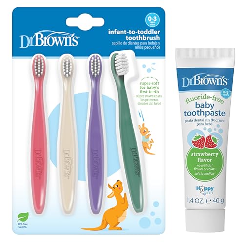Image of Dr. Brown's Infant-to-Toddler Toothbrush Set, Soft & Gentle Manual Toothbrushes for Baby, BPA Free, 4-Pack + Fluoride-Free Baby Toothpaste, Strawberry, 1-Pack, 1.4oz/40g, 0-3 Years