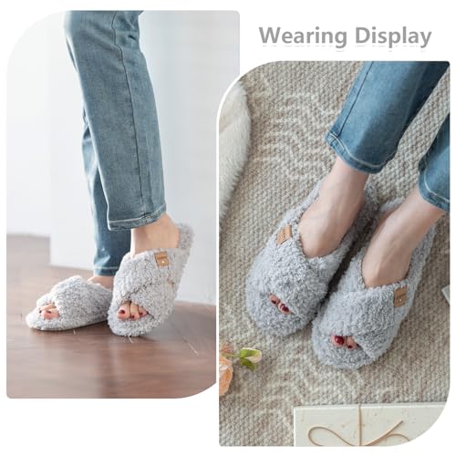 Image of GOEWY Fuzzy Open Toe Slippers for Women Cozy Memory Foam House Shoes Indoor | Cute Cross Band,Soft Faux Fur,Anti-slip Sole Outdoor,Machine-washable,Lightweight,Slip on Gifts for Women,Mom and Bridesmaid
