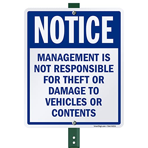 SmartSign 12" x 10" 'Notice Management Is Not Responsible for Theft/Damage to Vehicles Or Contents' Yard Sign with 3 ft Stake, 40 mil Laminated Aluminum, Blue and White, Set of 1, USA-Made