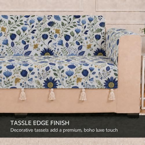 Image of STITCHNEST 'Eden Weaves Collection Series' 2 Seater Sofa Cover | Full Coverage with Armrest Pockets | Elegant Woven Fabric, Decorative Tassels, Washable & Durable for Modern Living