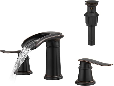 Waterfall Bathroom Faucet 8 Inch Widespread Bathroom Faucets | Bathroom Faucet for Sink 3 Hole,Two Lever Handle,Metal Pop-Up Drain and Supply Lines,Deck Mount,Oil Rubbed Bronze