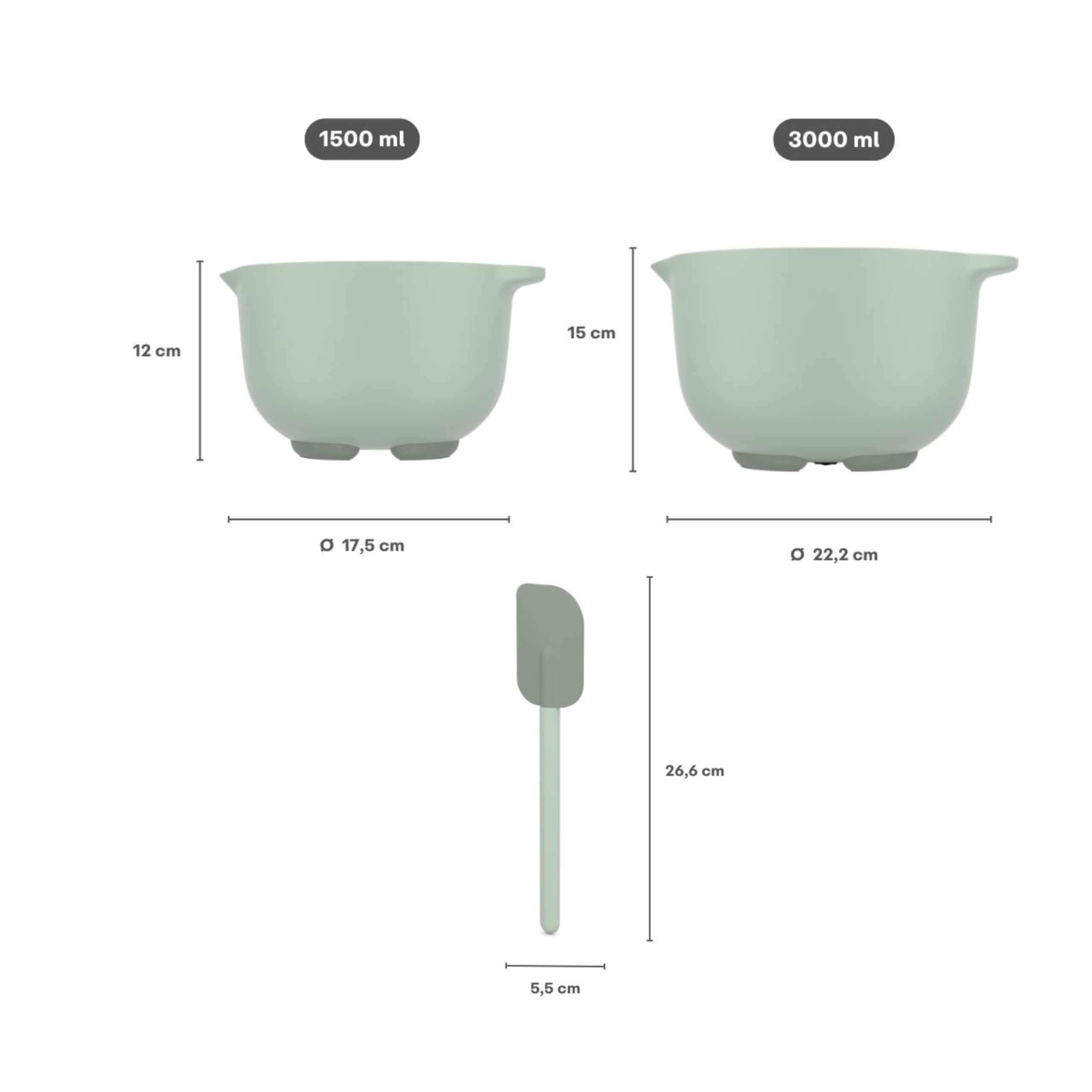 Mepal - Rührschüssel Set 3 teilig Chef it - Anti-Rutsch Boden - Mikrowellen- und Spülmaschinengeeignet - Schüsseln mit Teigschaber - Material beständig bis zu 110°C - 3000 + 1500 ml - Nordic sage