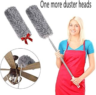 Ceiling Fan Duster, 2 Bendable Head Microfiber Duster with Extension Pole(Stainless Steel), Extra
