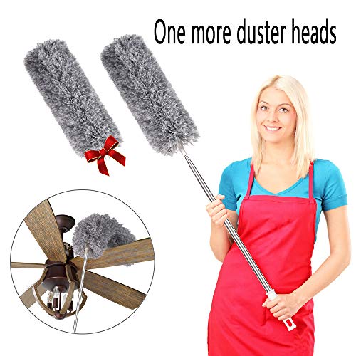 Ceiling Fan Duster, 2 Bendable Head Microfiber Duster with Extension Pole(Stainless Steel), Extra