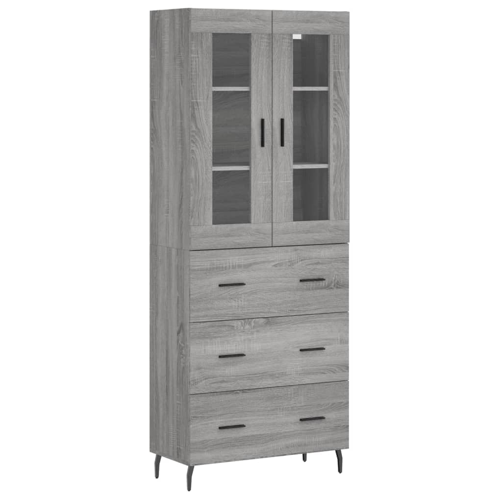 Highboard grigio Sonoma, 69,5 x 34 x 180 cm, con molto spazio, piedini in metallo, credenza e ripiano alto, per cucina, soggiorno e sala da pranzo
