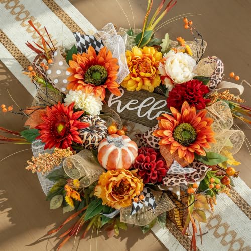 Image of 24 Inch Fall Wreaths for Front Door, Rustic Autumn Wreath with Hello Sign