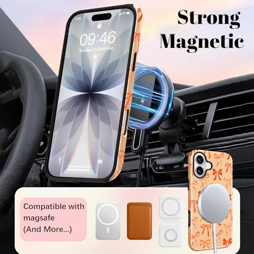 Image of Magnetic for iPhone 17 Case for Women Men, Orange Bow | Cute Ribbon Bow Pattern Design [Compatible with MagSafe] 2-Layer Hybrid Shockproof Glossy Protective Cover