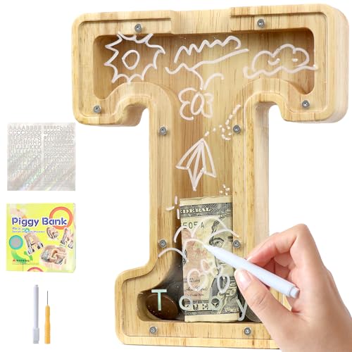 Lakpopya Huchas Originales para Niños Hucha Infantil Niña Niño de Alfabeto A-Z Hucha Personalizada Hucha de Madera Transparente con Pegatinas & Rotulador & Destornillador, Regalo para Infanti (T)