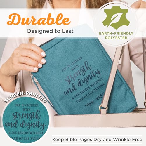 Image of Christian Art Gifts Men /Women's Bible Cover Strength & Dignity Proverbs 31:25, Teal Canvas, Large