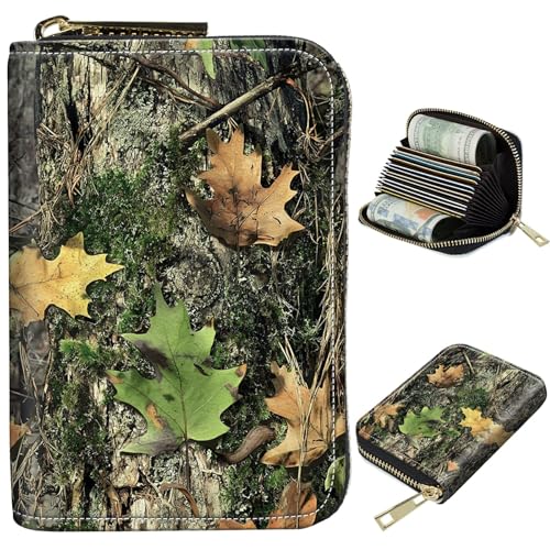 Image of Cute Credit Card Holder with Zipper, Camo Tree Leaf RFID-Blocking Card Case Small Wallet for Women Men, Multi-slot Card Organizer Case Travel Accordion Wallet