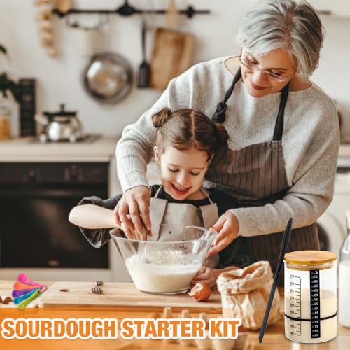 Sauerteig Starter Set, 900ML Sauerteig-Starterglas Set, Sauerteig Glas, Sourdough Starter Kit mit Silikon-Spatel Thermometerpapier 8 Etiketten, Stoffhut, Sauerteigbehälter für Brotbacken, Fermentieren