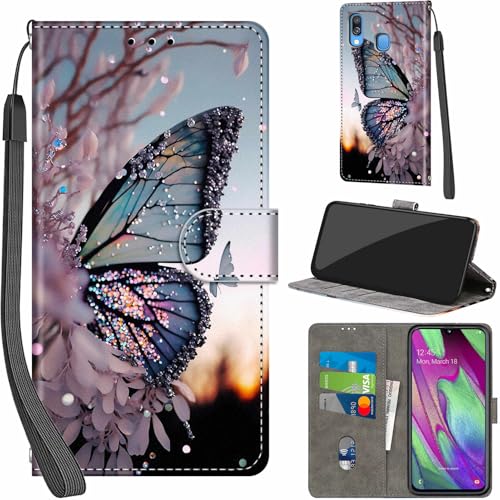 Handyhülle für Samsung Galaxy A40 Hüllen Premium Leder Case Klappbar Wallet Magnet Kartenfach Standfunktion Schutzhülle kompatibel mit Samsung A40 Cover Schmetterling