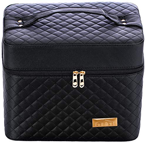 Image of Sooyee Makeup Bag Cosmetic Bag with Mirror, 4 Layer Foldable Tray Makeup Organizer Open to the Sides, Makeup Travel Bag for Women, Train Case, Black
