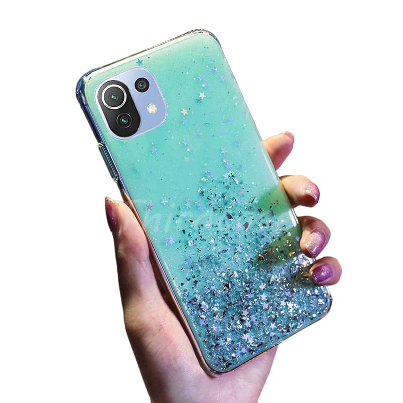 Image of VONZEE Glitter Case Compatible with Xiaomi Mi 11 Lite NE 5G, Non Moving Glitter Stars Cover Soft TPU + Hard PC Bumper Bling Cover for Women Girls Protective Shockproof Phone Case (Green)