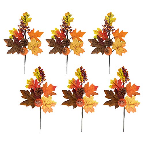 U'Artlines 6 Piezas Otoñal Hojas de Arce Ramo con Conos de Calabaza y Pino Artificiales Hojas de Arce de Tallo con Bayas para Festivales de Halloween de Decoración de Acción de Gracias