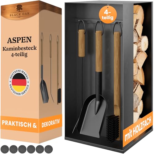 BLACK OAK Kaminbesteck ASPEN 4-teilig - praktisches & repräsentatives Ofenbesteck Set schwarz mit Holzgriff 4 teilig Ständer + Schürhaken Ascheschaufel Kaminbesen Stahl Kaminzubehör Besteck für Ofen