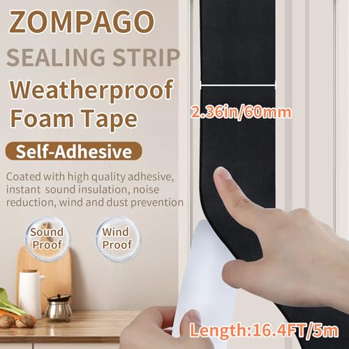 Image of ZOMPAGO Foam Tape Weather Stripping, 2.4in x 16.4FT Black Single Sided Adhesive Rubber Seal Strip, Window Gap Filler & Door Seal Weatherstripping for Doors, Exterior Window Gasket Door Insulation
