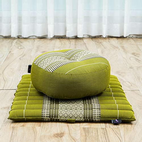 Image of Leewadee Meditation Cushion Set - 1 Small Zafu Yoga Pillow and 1 Small Roll-Up Zabuton Mat Filled with Kapok