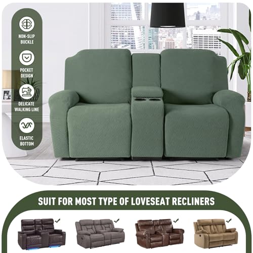 Image of KinCam Loveseat Recliner Covers with Middle Console Slipcover, Recliner Sofa Covers 2 Seat Couch Cover Stripe Jacquard Furniture Protector Covers with Elastic Bottom for Kids, Pets (Greyish Green)