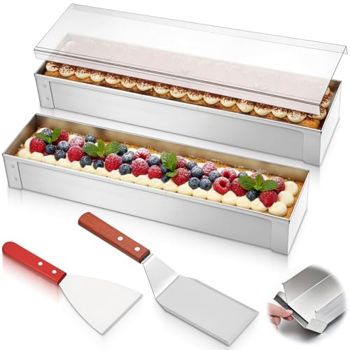 KongTiva 2 Pack Nonstick Rectangle Tiramisu Pan with Lid and Metal Spatula Long Size Stainless Steel Removable Frame Cake Mold for Tiramisu Cheesecake Mousse Cold Desserts Baking Mold